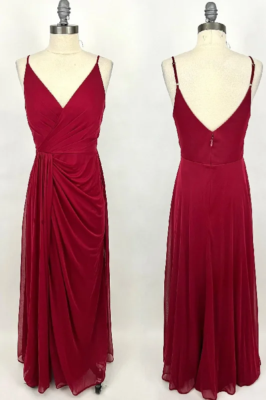 fitted dressWine Red Ruched V Neck Long Bridesmaid Dress