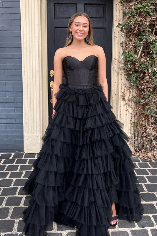 elegant shift dressBlack Strapless A-line Multi-Layers Tulle Long Prom Dress