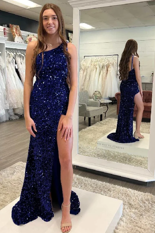 chic wrap dressDark Blue Sequin One-Shoulder Mermaid Long Prom Dress with Slit