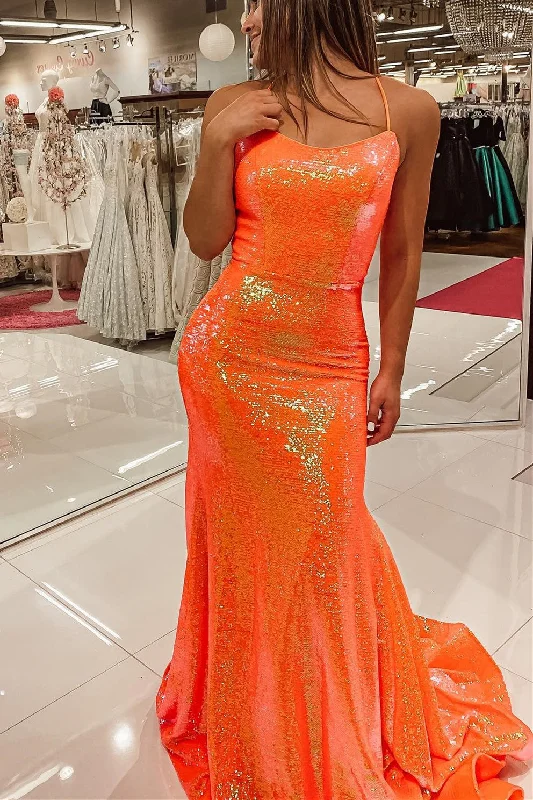 comfy dressSpaghetti Straps Orange Mermaid Long Formal Dress