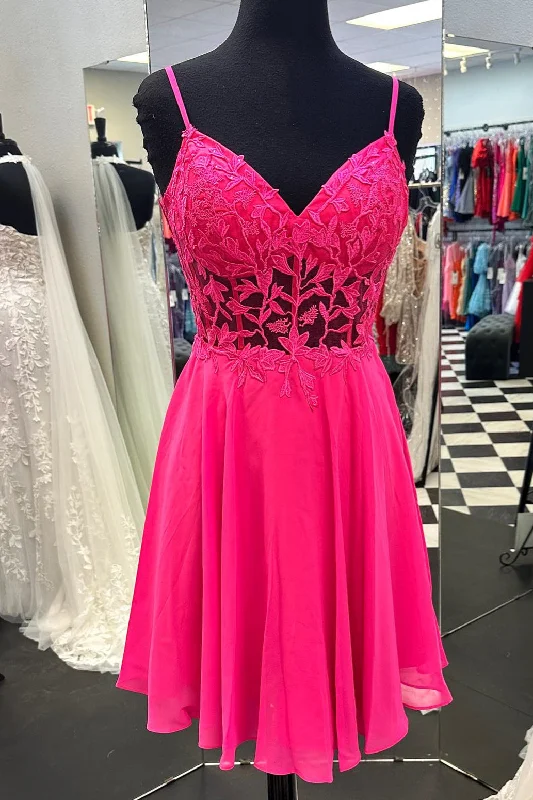 casual dressFuchsia Appliques A-line Straps Chiffon Homecoming Dress