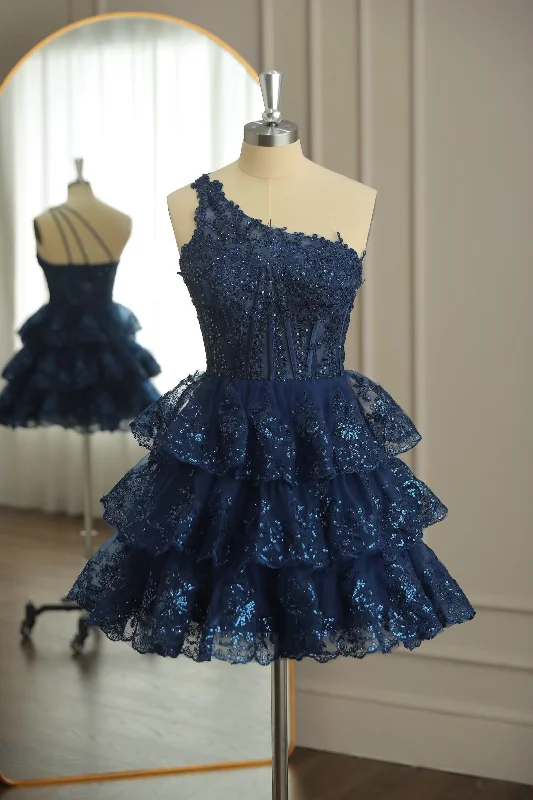 spaghetti strap dressDark Navy One Shoulder Appliques Multi-Layers Tulle Homecoming Dress