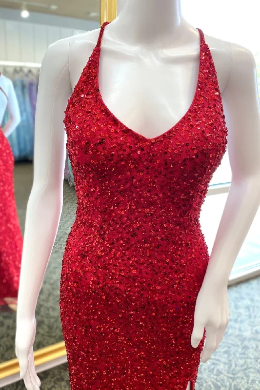 v-neck dressRed Sequins Mermaid Crossed Back Long Prom Dress with Slit