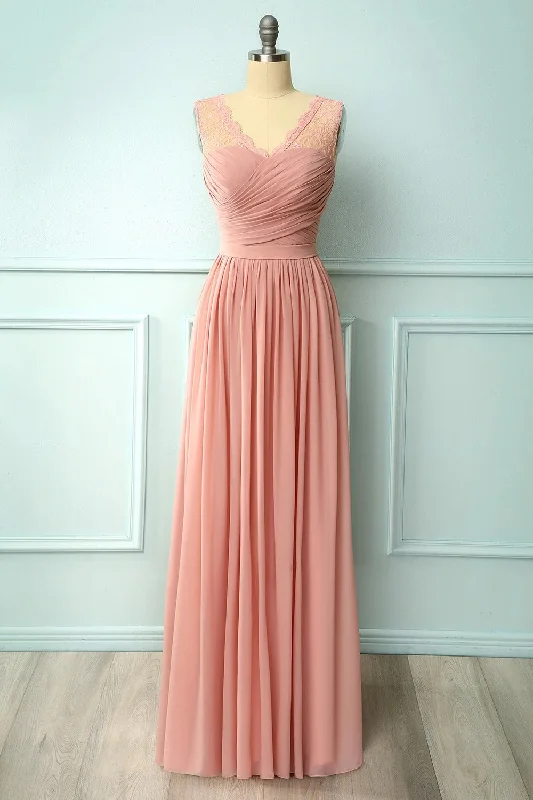 chic slip dressA-line Blush Pink Bridesmaid Dress with Lace Top