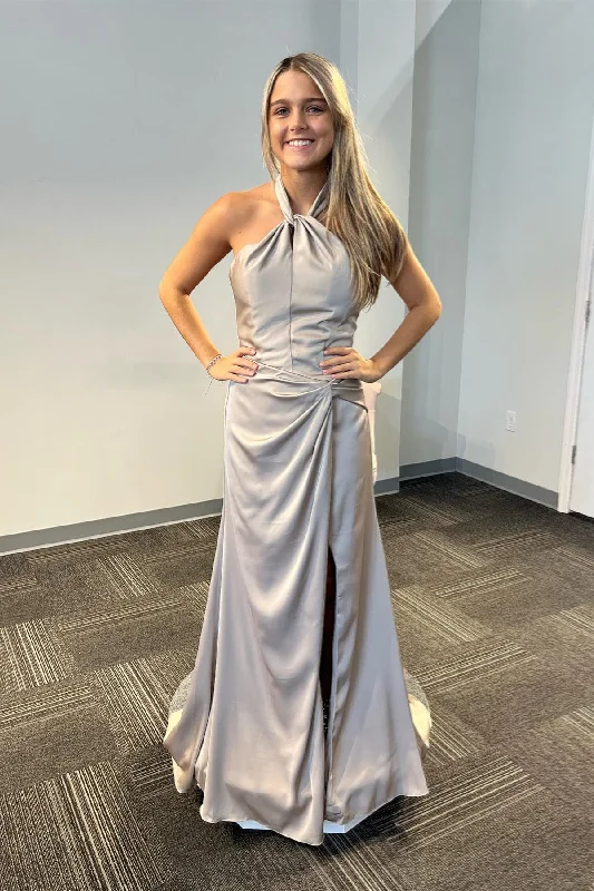 casual knit dressGrey Satin Halter Mermaid Long Prom Dress with Slit