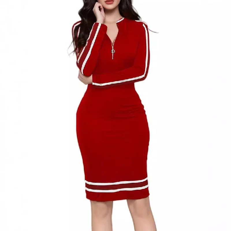 lace dressEuropean And American Long Sleeve Zipper Casual Dress Women