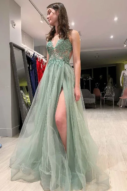 pleated dressSage Green Tulle Floral Lace Backless A-Line Prom Dress with Slit