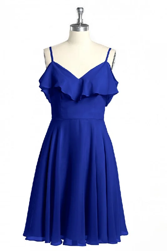 printed dressRoyal Blue Spaghetti Straps Ruffled A-Line Short Bridesmaid Dress