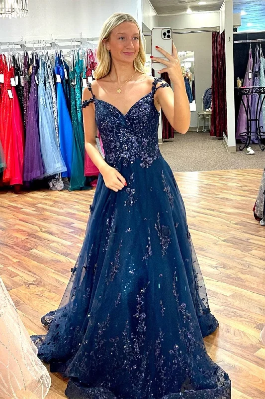 puff sleeve dressDark Navy Flower Straps Off-the-Shoulder Beaded Appliques Long Prom Dress