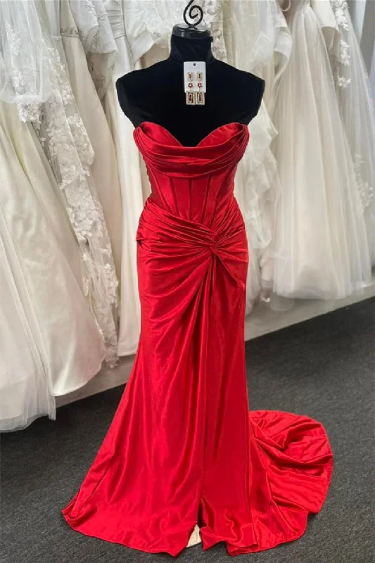 velvet dressRed Strapless Pleated Mermaid Twist Knot Long Prom Dress with Slit