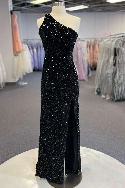 winter dressBlack Sequin One-Shoulder Cutout Long Prom Dress