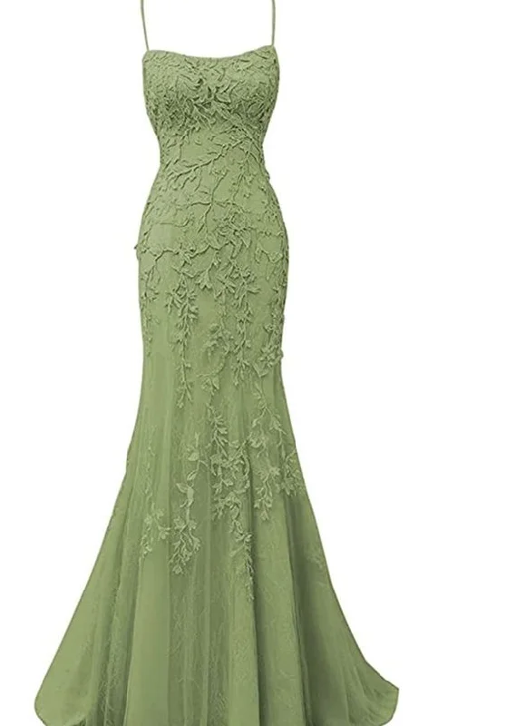 summer floral dressSage Green Lace Appliques Dresses Long Prom Dress Mermaid Spaghetti Straps Evening Dress Y295