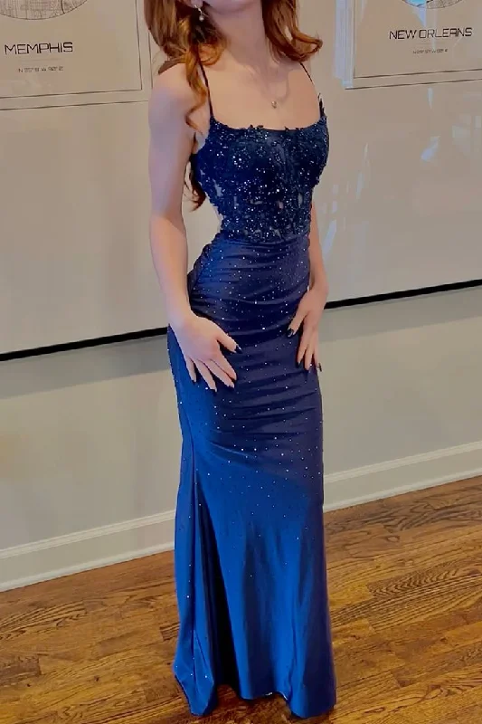 one-shoulder dressSexy Blue Spaghetti Straps Appliques Mermaid Slit Evening Dress Prom Dress Y7827