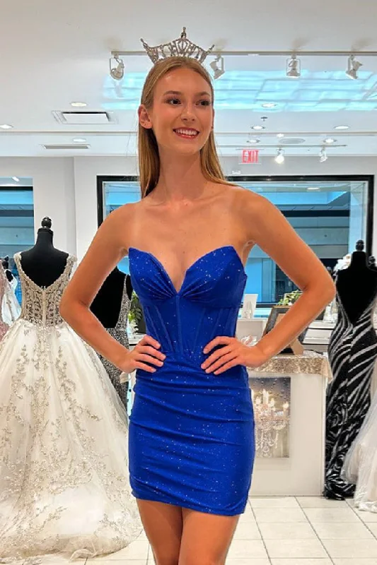 flowy evening dressSparkly Royal Blue Strapless Satin Sheath Homecoming Dress