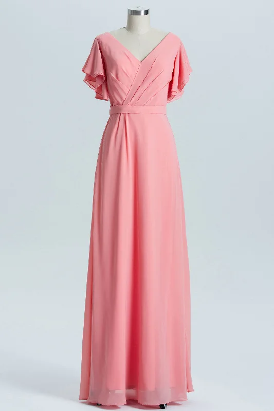 playful dressCoral A-line Flutter Sleeves Long Bridesmaid Dress