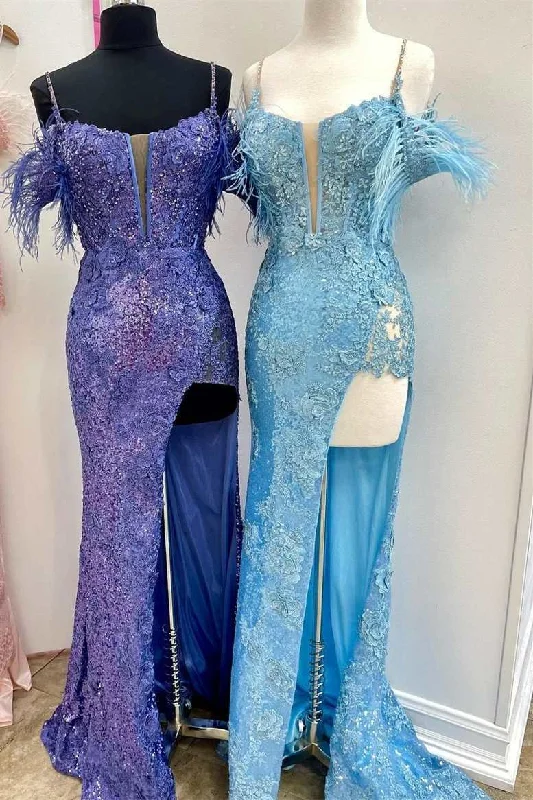 modern dressSequin Feather Cold-Shoulder Mermaid Long Prom Dress with Slit