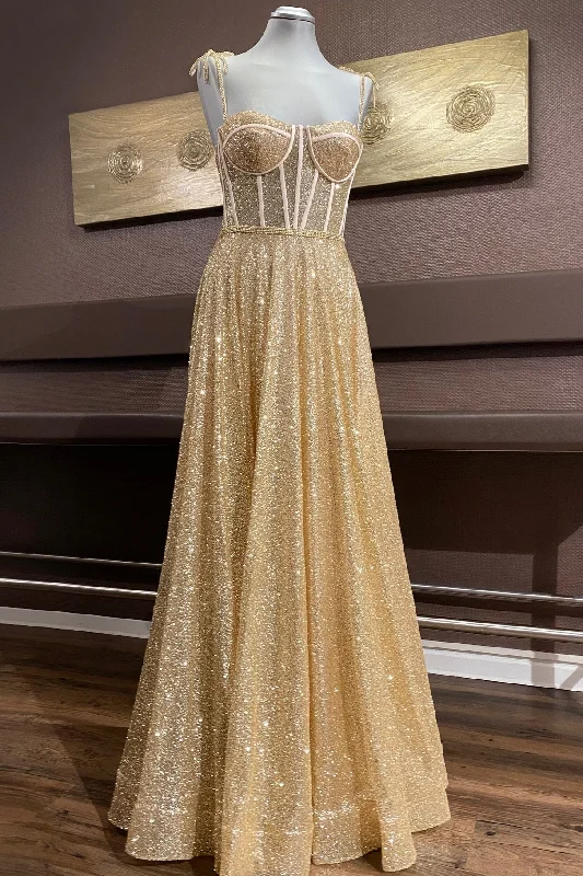 long sleeve dressGold A-line Bow Tie Beaded Straps Sequins Boning Long Prom Dress