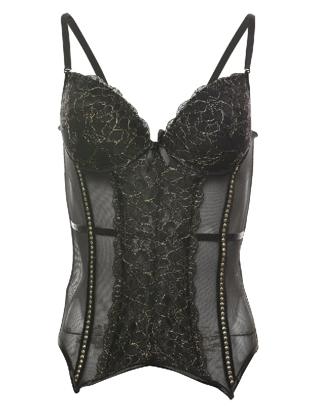 Black & Gold Sheer 1990s Lace Bustier - S