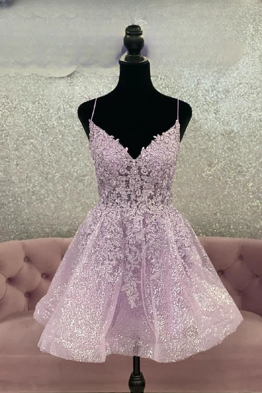 sleeveless dressLilac A-line Sequined Appliques Straps V Neck Homecoming Dress