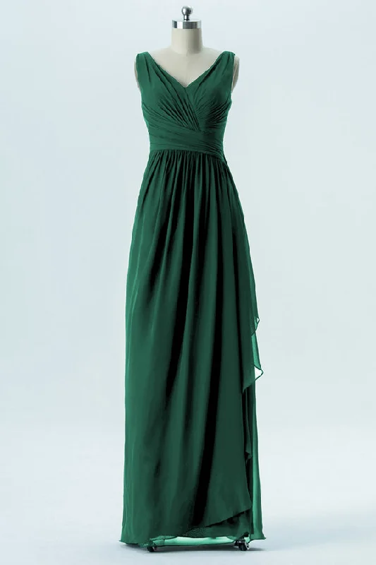 high-waisted dressHunter Green Chiffon Pleated Long Bridesmaid Dress