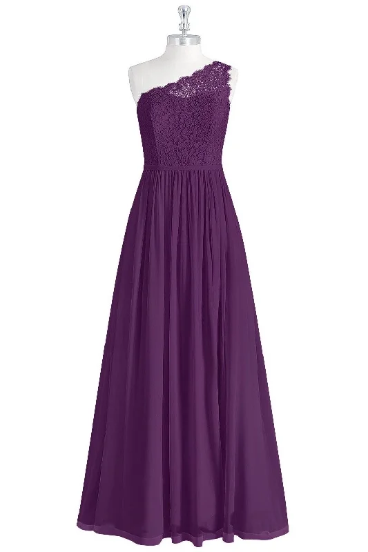 luxury dressOne-Shoulder Purple Lace A-Line Long Bridesmaid Dress with Slit