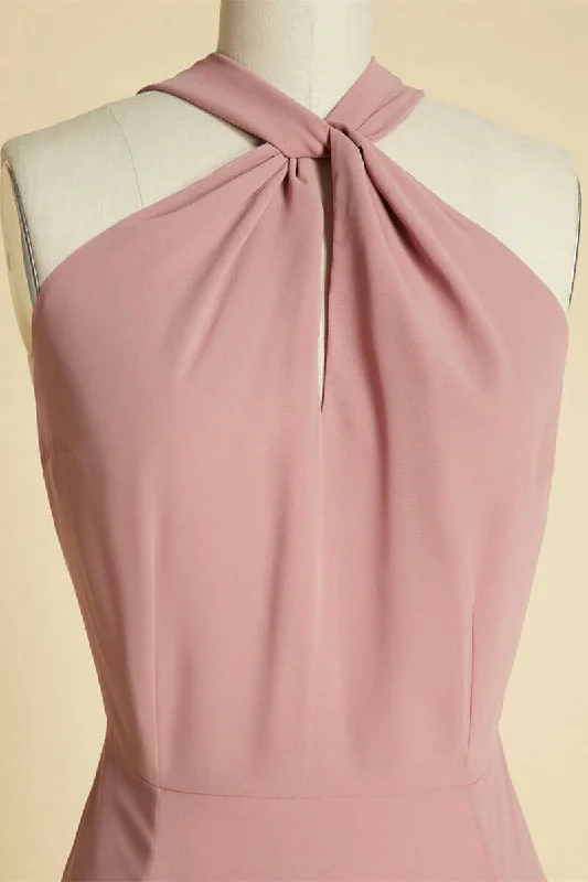 one-shoulder dressDusty Pink Twist-Front Backless Long Formal Dress