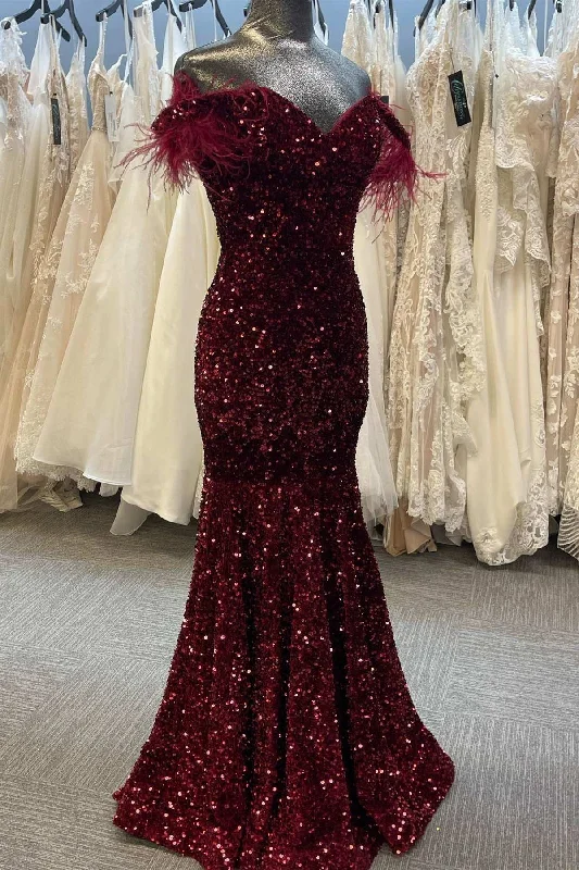 sleek midi dressBurgundy Sequin Feather Off-the-Shoulder Mermaid Long Prom Gown