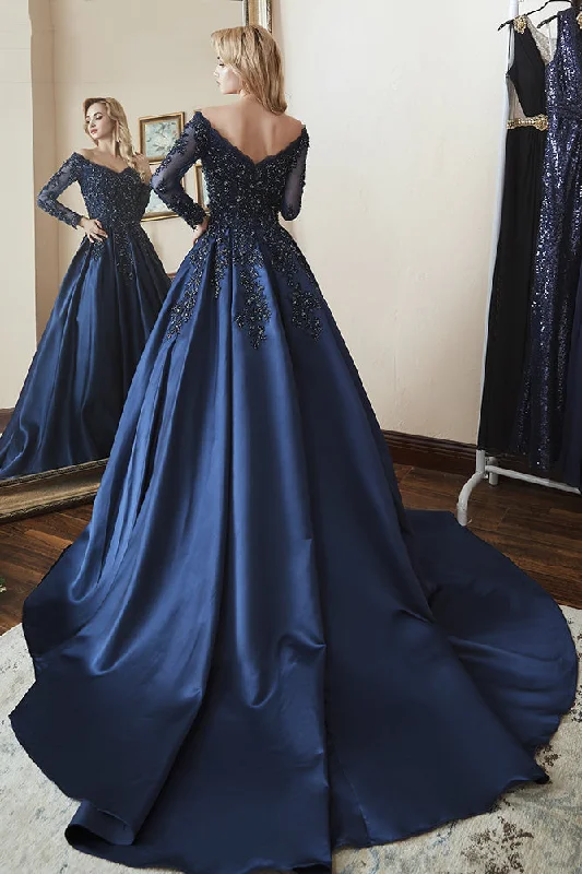 elegant dressBall Gown Long Sleeves Off Shoulder Beaded Navy Blue Prom Dress