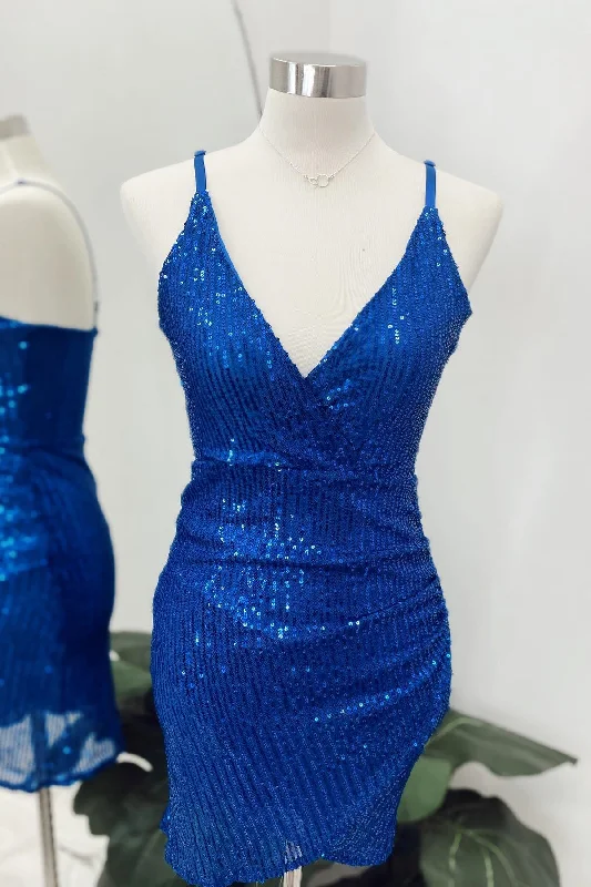 fitted bodycon dressRoyal Blue Sequins Deep V Neck Faux-Wrap Homecoming Dress