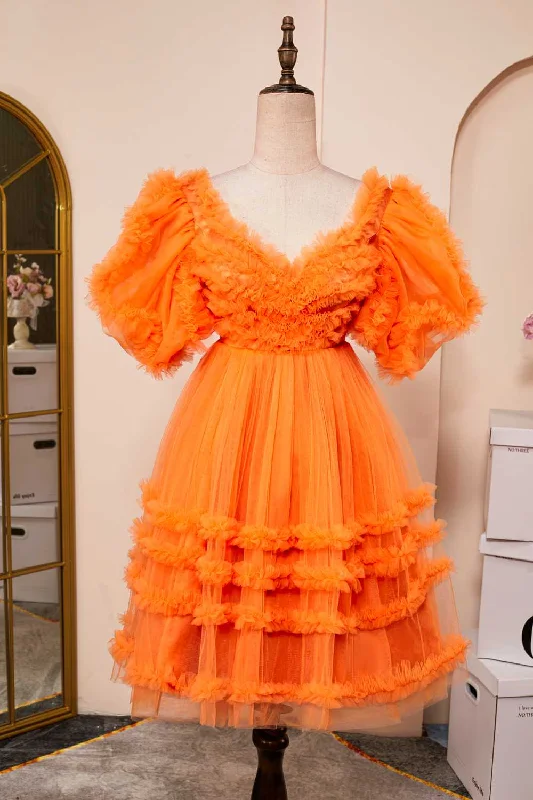 floral wrap dressOrange A-line Ruffled Puff Sleeves Homecoming Dress