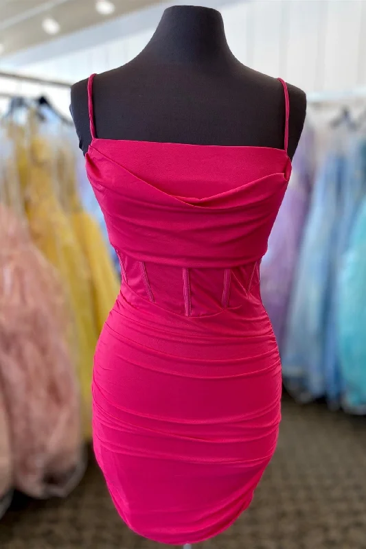 pleated dressFuchsia Sheath Satin Straps Homecoming Dress