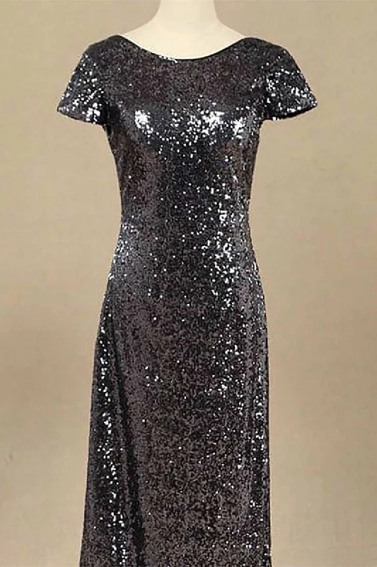 wrap-around dressBlack Sequin Cap Sleeve Backless Long Bridesmaid Dress