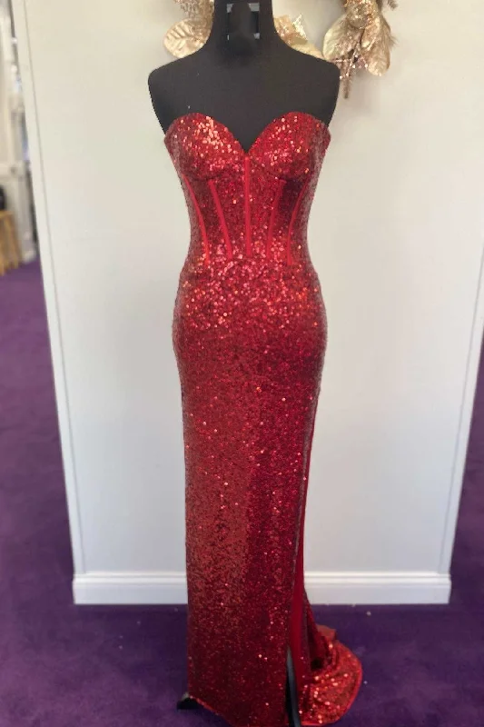 sleek midi dressMermaid Red Sequin Strapless Long Prom Dress with Slit