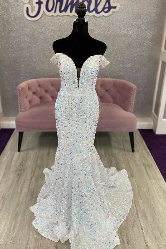 party-ready dressWhite Iridescent Sequin Off-the-Shoulder Cutout Back Trumpet Long Prom Dress