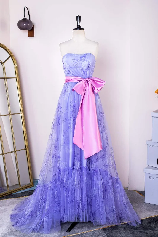 puff sleeve dressLavender Floral Strapless Ruffled Long Prom Dress with Bow Sash