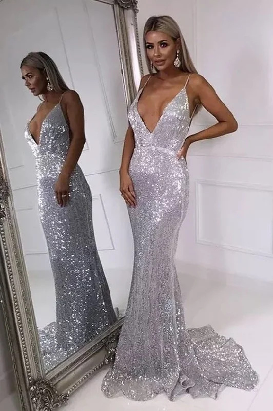 trendy dressMermaid V-Neck Sequins Silver Prom Dress