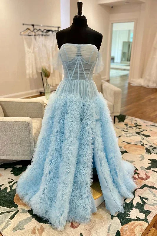 t-shirt dressLight Blue Sheer Mesh Off-the-Shoulder Long Prom Dress with Ruffles