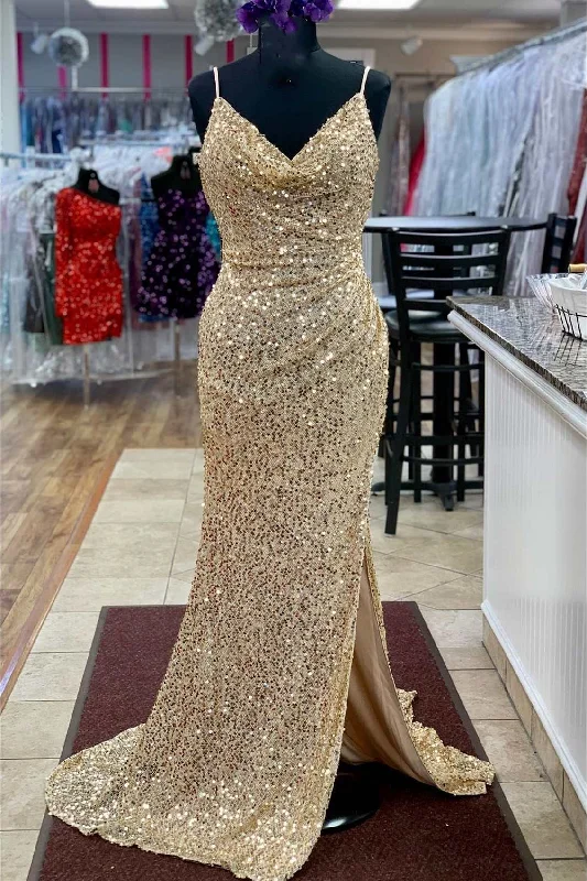 v-neck dressChampagne Sequin Cowl Back Mermaid Long Prom Dress with Slit