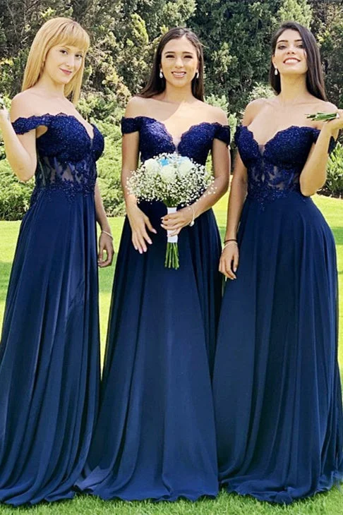 elegant evening dressIndigo Lace Off-the-Shoulder A-Line Long Bridesmaid Dress