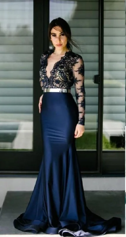 elegant maxi dressSexy Sheer Deep V Neck Mermaid Prom Dresses Lace Applique Royal Evening Dress Sweep Train Party Gowns Prom Dresses  S5948