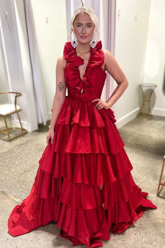 sophisticated dressRed Ruffled Plunging V Neck Layers Long Prom Dress with Slit