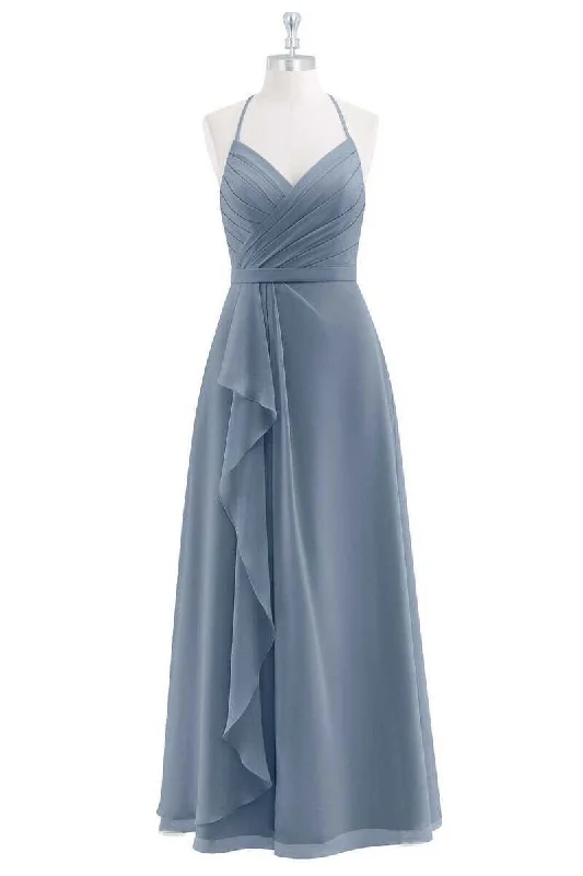 casual evening dressDusty Blue Chiffon Halter Backless Ruffled Long Bridesmaid Dress