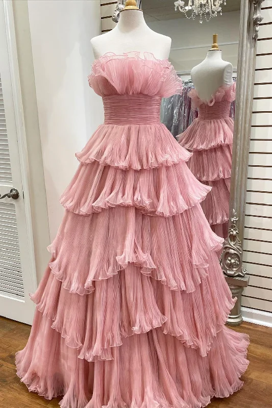 pleated maxi dressCandy Pink Tulle A-line Strapless Ruffles layers Long Prom Dress