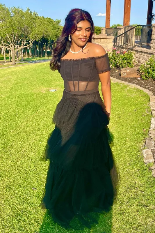 luxury dressBlack Off-the-Shoulder Ruffle Multi-Layers Long Prom Dress