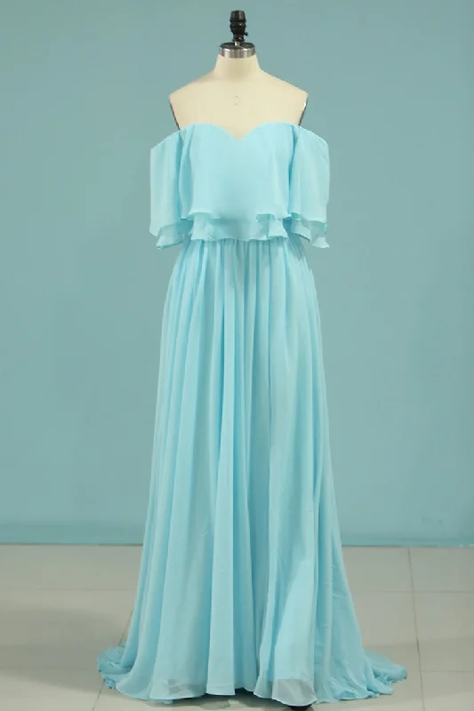 cocktail dressOff the Shoulder Blue Flounce Chiffon Long Bridesmaid Dress