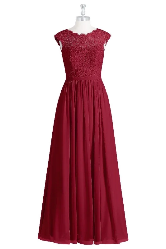 elegant shift dressRed Lace Cap Sleeve A-Line Long Bridesmaid Dress