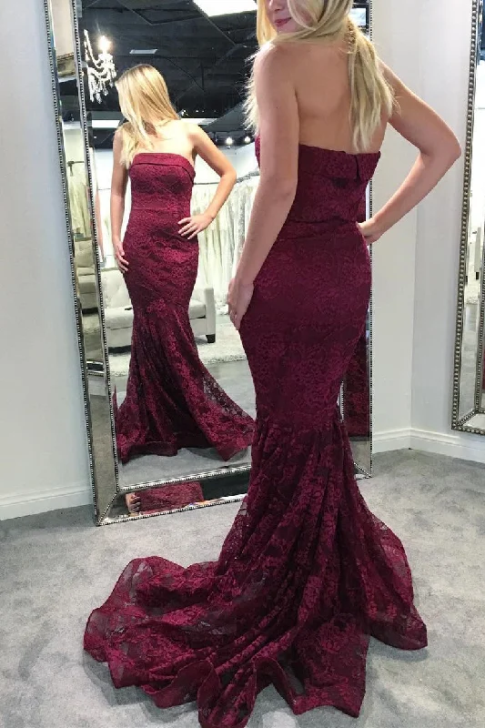 long-sleeve floral dressGorgeous Strapless Mermaid Burgundy Lace Long Bridesmaid Dress