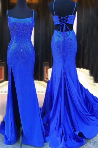 off-shoulder dressBeaded Mermaid Royal Blue Slit Long Prom Dress