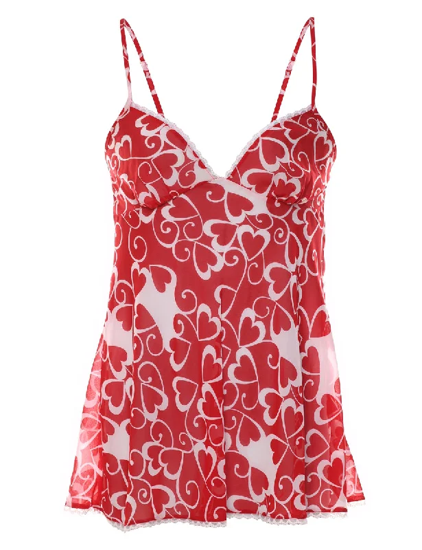 Red & White Heart Design Lace Trim Babydoll - S