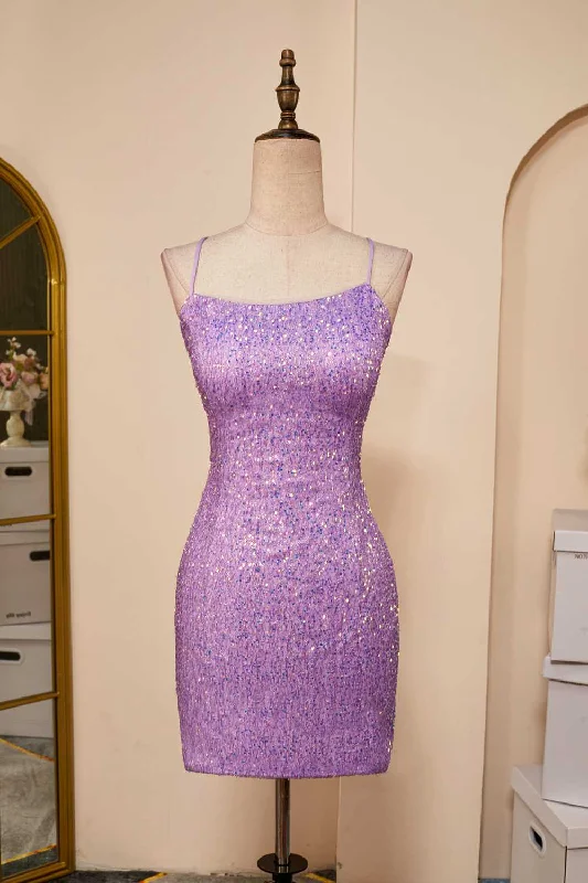 elegant shift dressLavender Lace-Up Sheath Sequins Homecoming Dress